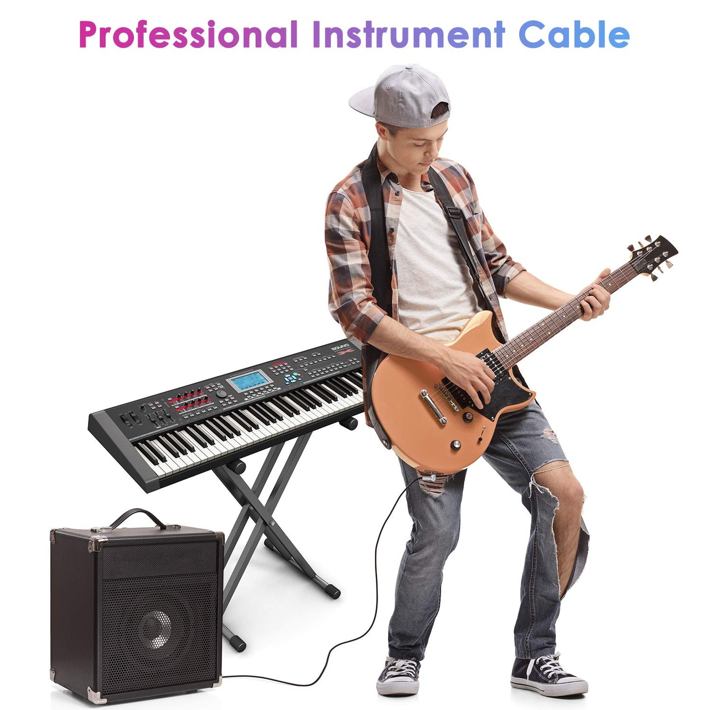 10FT Instrument Cable - Electric Guitar & Bass Cable with Right Angle 1/4 Inch Connector - Black