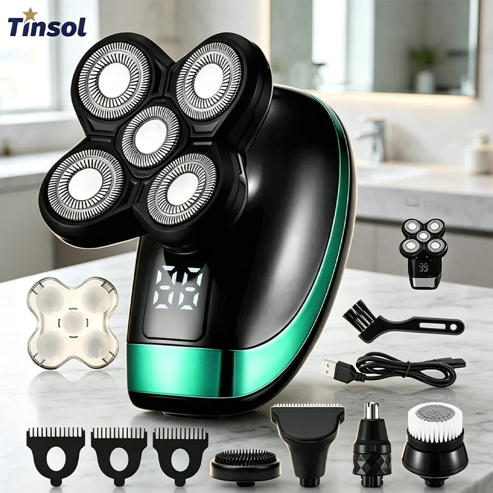 Tinsol 5-In-1 Electric Shaving - Rechargeable 4D Fitting, 5 Floating Blades - Ideal for Shaving, Nosing and Eyebrow Trimming