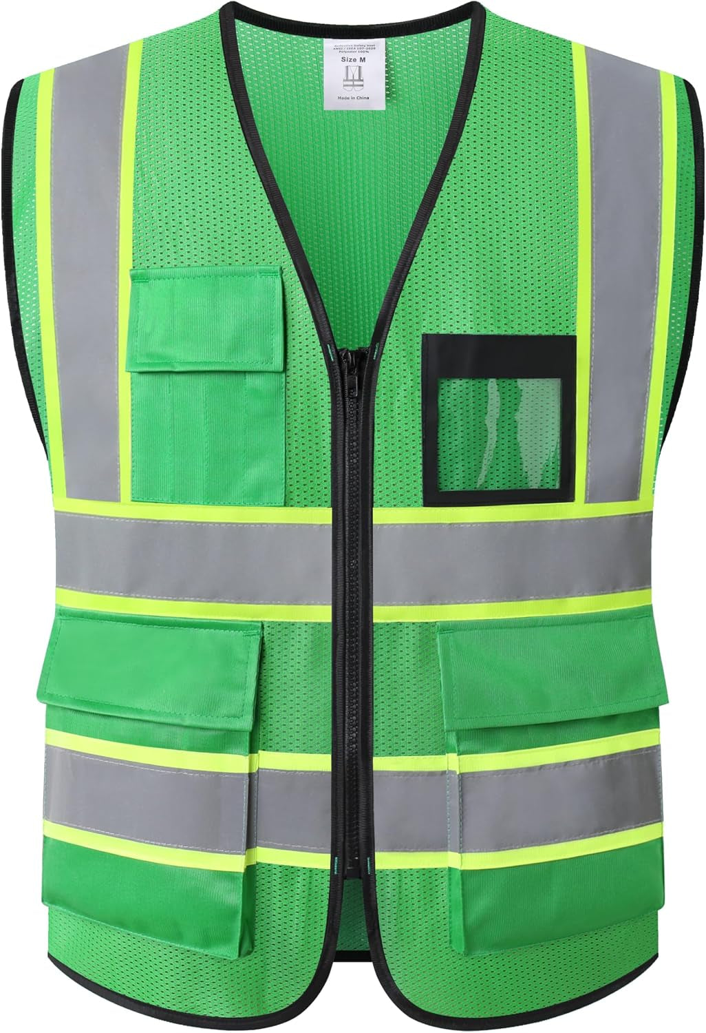Reflective Safety Vest for Men Women High Visibility Vest with 8 Pockets and Front Zipper Mesh Reflective Vest (Black-07, X-Large)