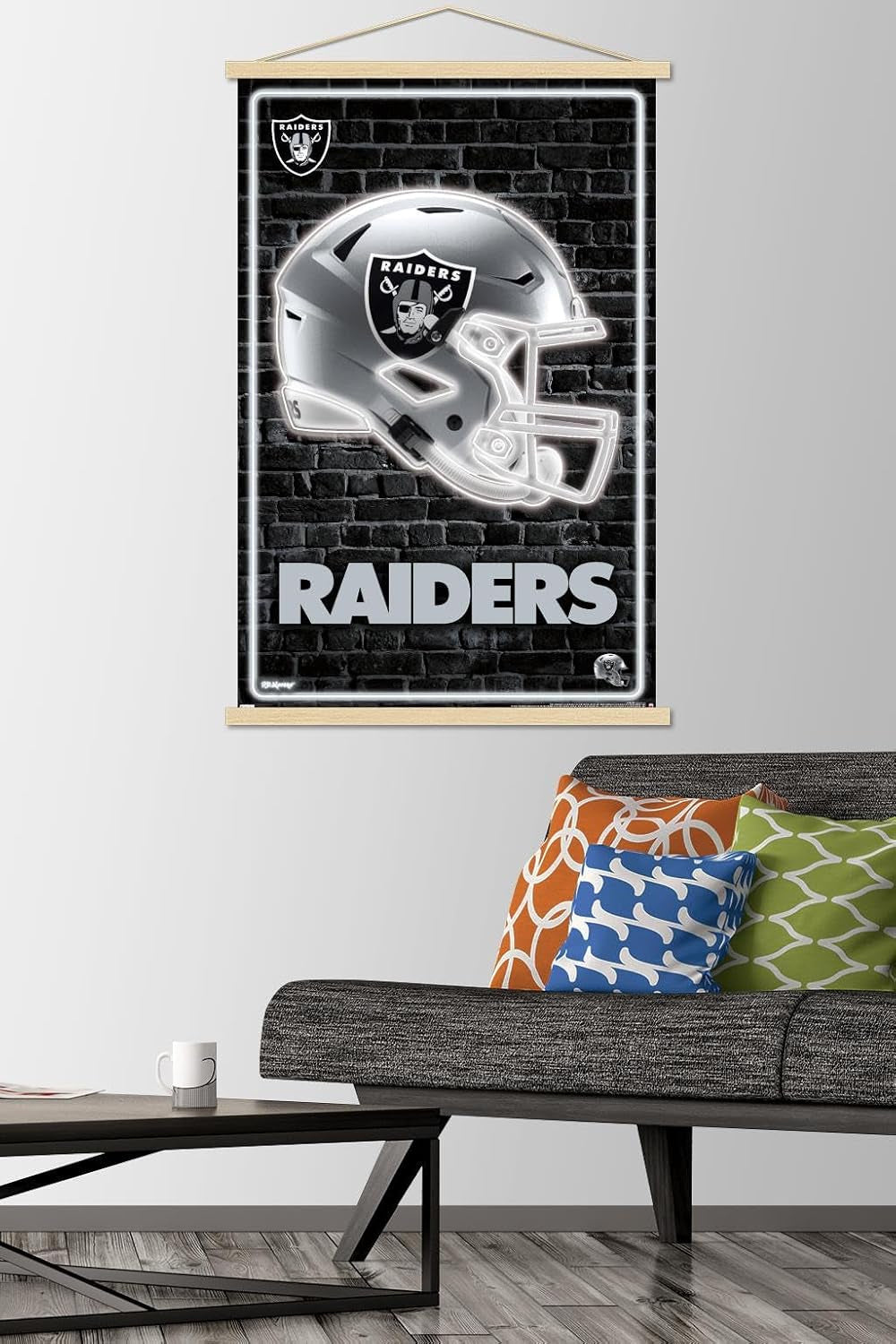 Trends International NFL Las Vegas Raiders - Neon Helmet 23 Wall Poster, 22.375" X 34", Premium Print and Beechwood Hanger Bundle