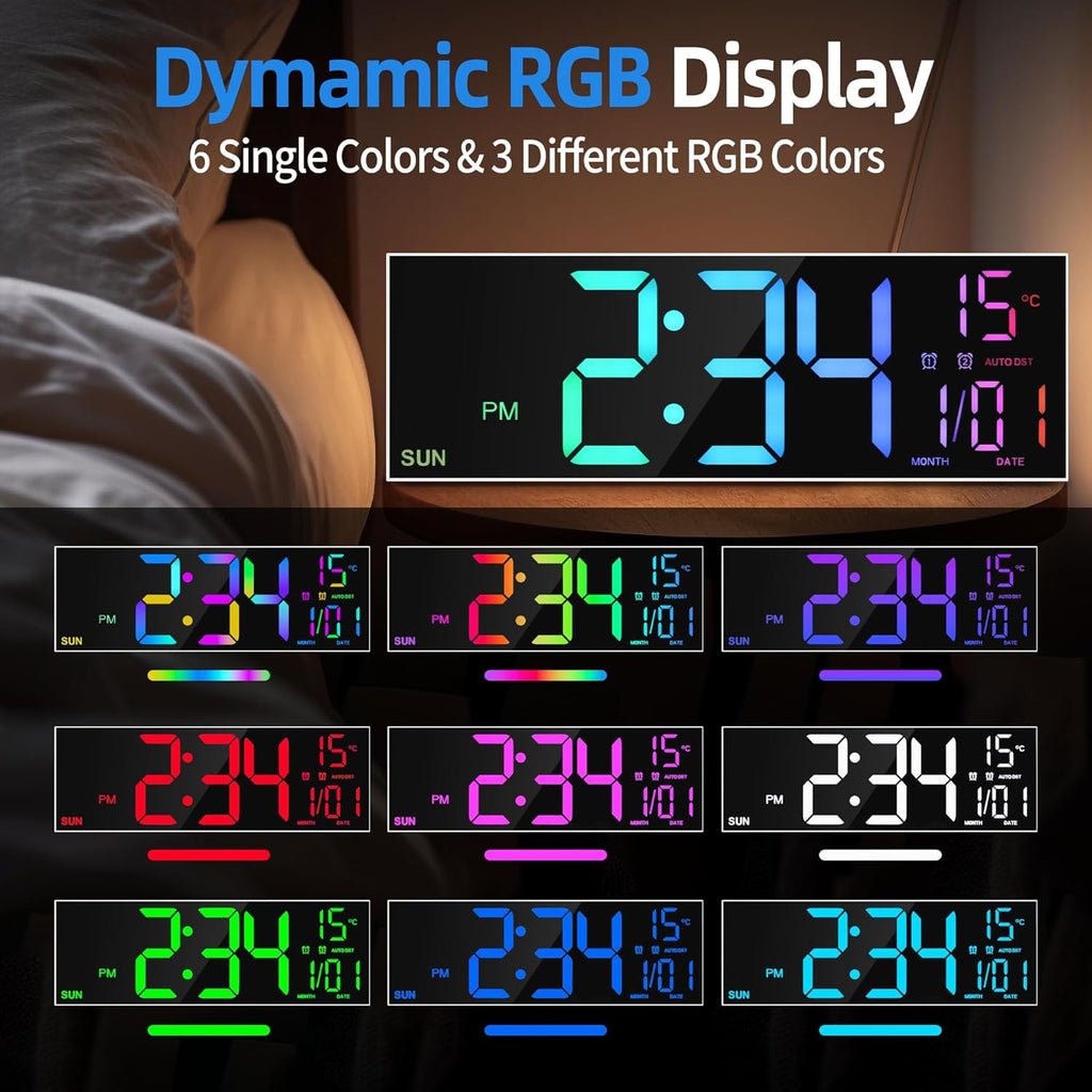 16.2" Digital Wall Clock – RGB, Remote, Dual Alarm, Auto-Brightness
