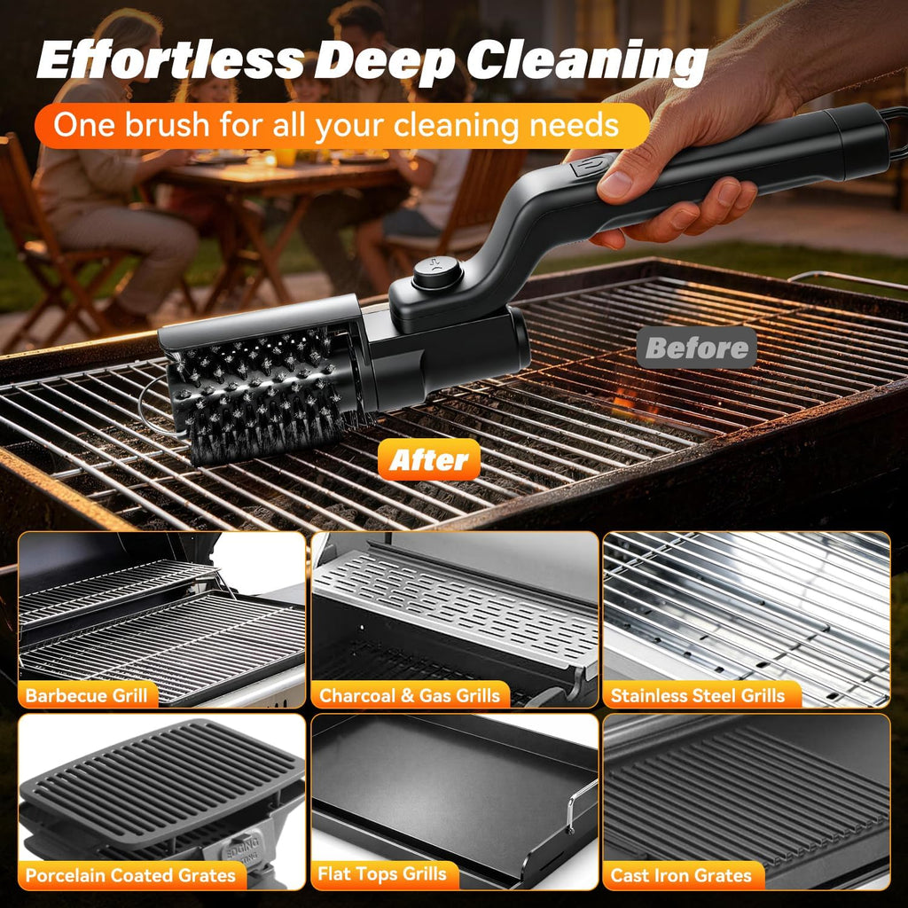 Electric Grill Brush for Outdoor Grill - Cordless Rechargeable Grill Cleaner with 180-Min Runtime, 3 Speeds, 545°F Heat Resistant, 180° Adjustable Angle, 2-In-1 Heavy-Duty BBQ Cleaning Kit