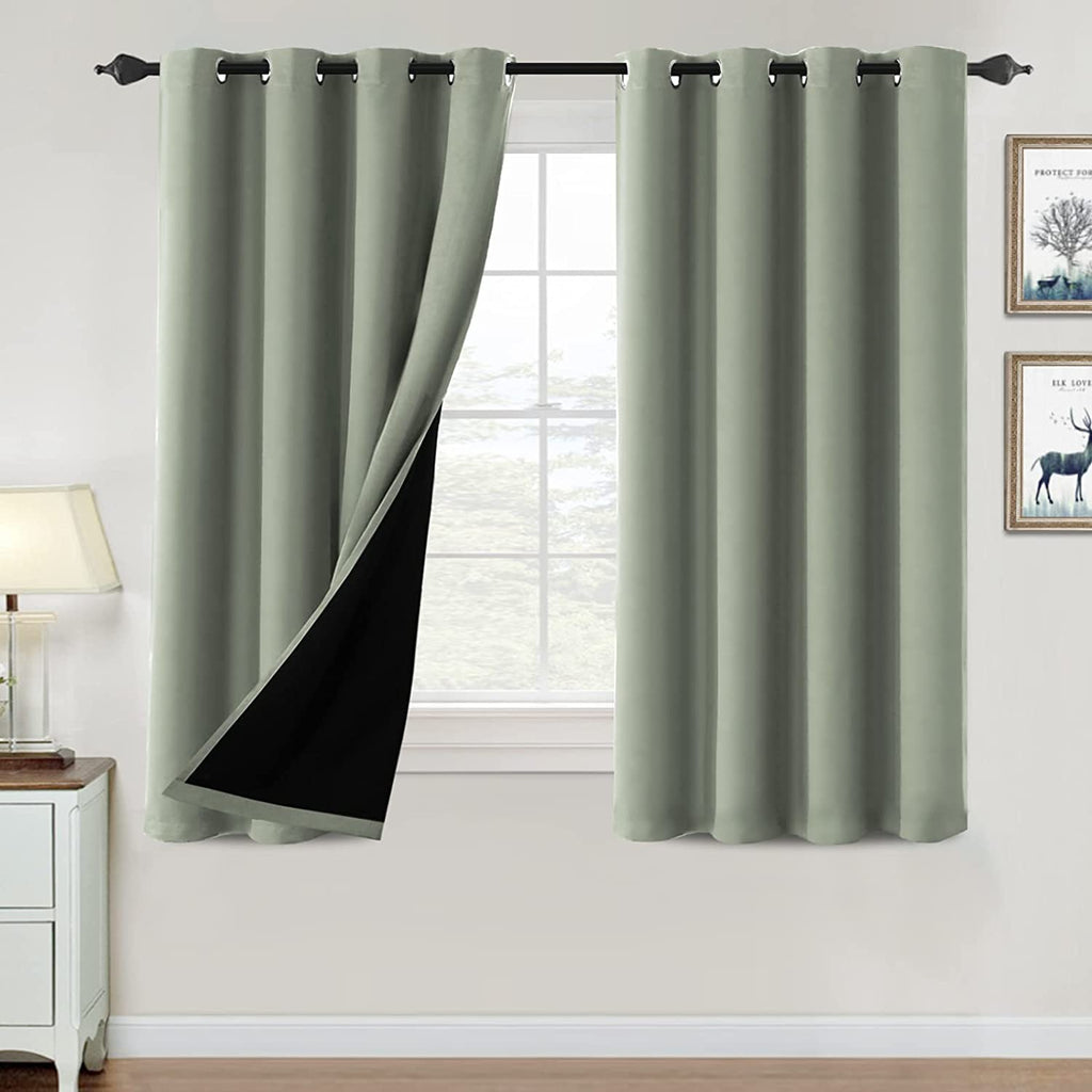 100% Blackout Curtains for Bedroom Thermal Insulated Blackout Curtains 54 Inch Length Heat and Full Light Blocking Curtains for Living Room with Black Liner 2 Panels Set, Light Sage