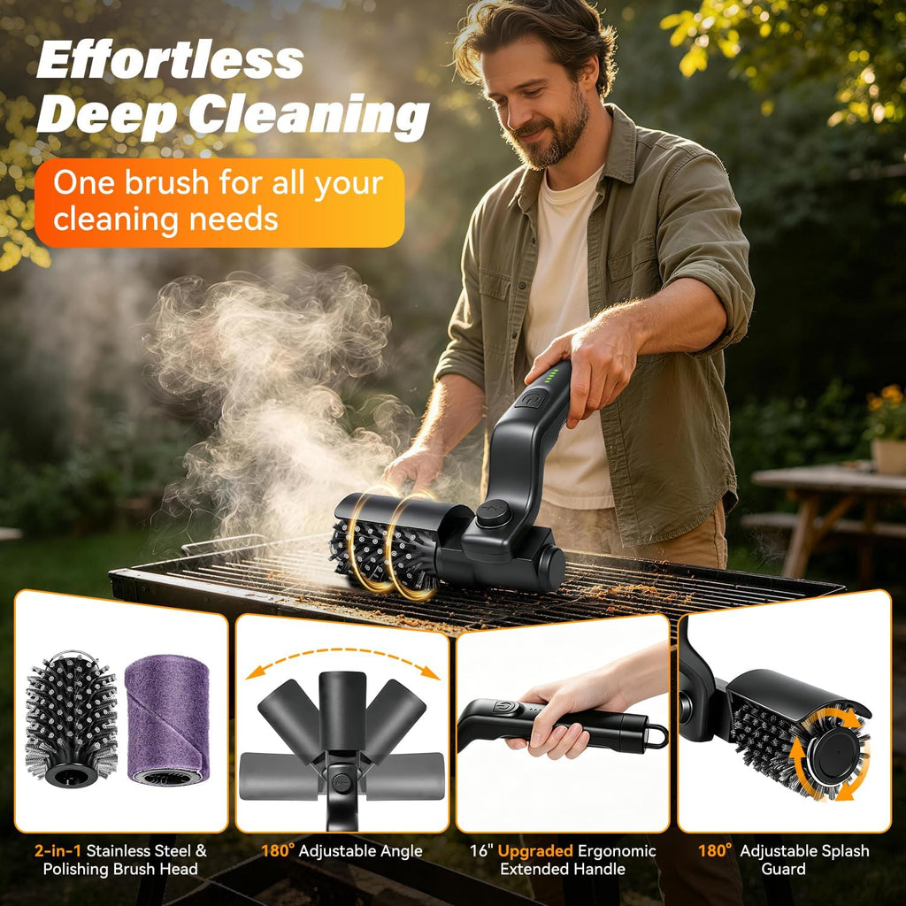 Electric Grill Brush for Outdoor Grill - Cordless Rechargeable Grill Cleaner with 180-Min Runtime, 3 Speeds, 545°F Heat Resistant, 180° Adjustable Angle, 2-In-1 Heavy-Duty BBQ Cleaning Kit