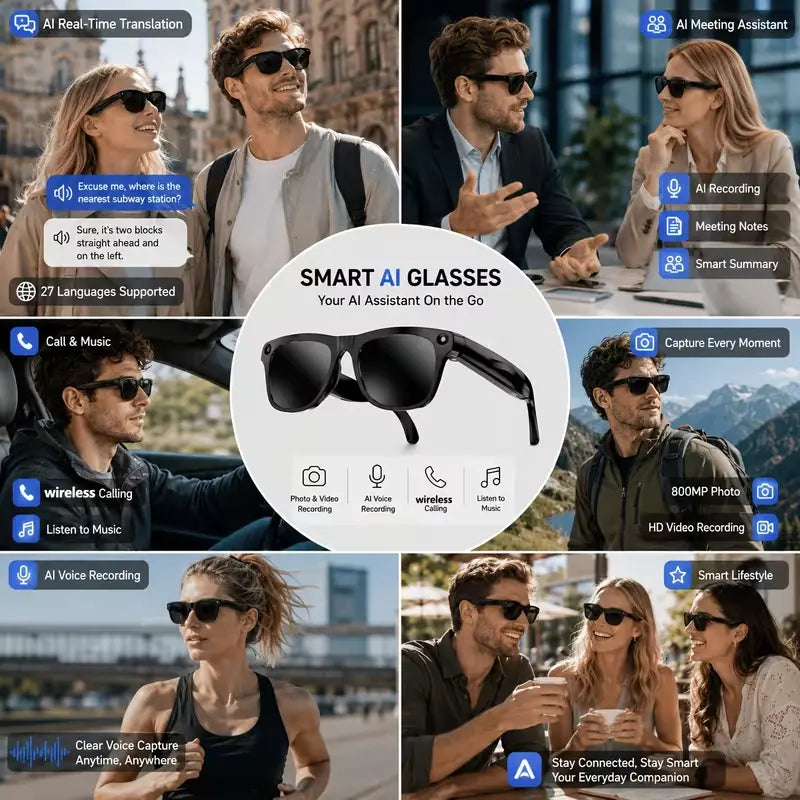 AI Smart Glasses with Camera - 800MP Imaging, 1080P HD Video, Touch Control & Voice Control, Bluetooth Wireless Audio Calls, Intelligent Recording, 27-Language Translation, Photochromic Lenses, Ideal for Meetings, Travel, Video Camera Glasses