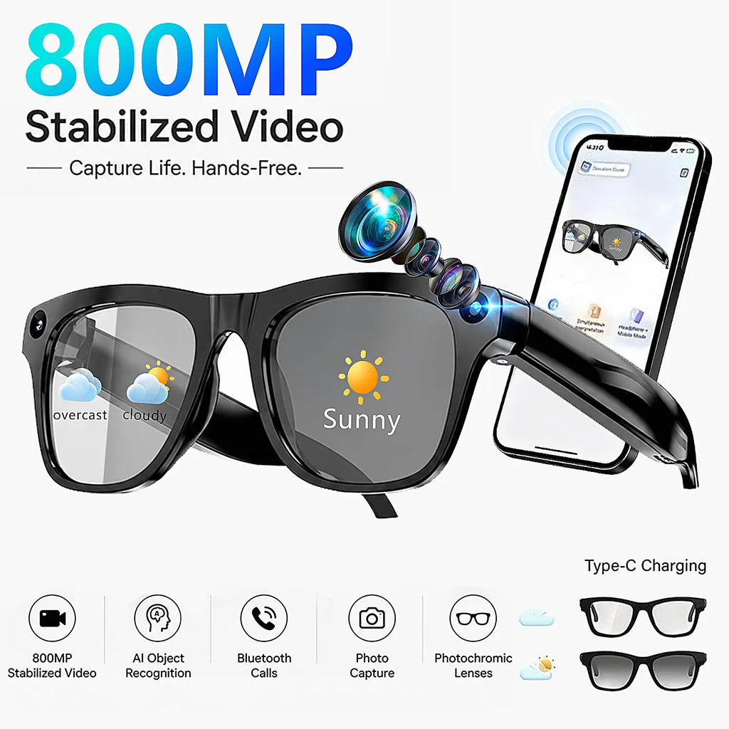 AI Smart Glasses with Camera - 800MP Imaging, 1080P HD Video, Touch Control & Voice Control, Bluetooth Wireless Audio Calls, Intelligent Recording, 27-Language Translation, Photochromic Lenses, Ideal for Meetings, Travel, Video Camera Glasses