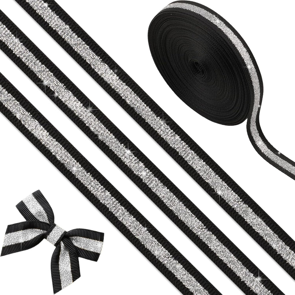 YKW Black Silver Glitter Ribbon 3/8 Inch X 10 Yards, No Shedding Grosgrain Sparkle Stripe, Cheer Bows Hair Accessories, Homecoming Mum Supplies, Team Spirit Gift Wrapping Party Decorations Craft