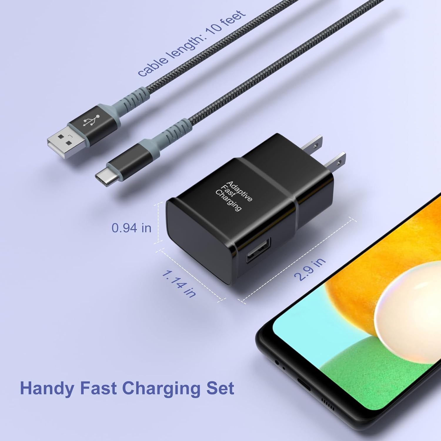 Adaptive Fast Charging Wall Charger with USB C Cable 10Ft,  USB Fast Charger Type C Charger Compatible for Galaxy S25 S24 S23 Ultra A15 A13 A03S A53 S22 S21 S20 S10 S9 Android Phone-2Pack,Black