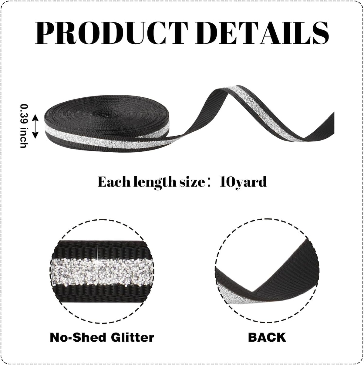 YKW Black Silver Glitter Ribbon 3/8 Inch X 10 Yards, No Shedding Grosgrain Sparkle Stripe, Cheer Bows Hair Accessories, Homecoming Mum Supplies, Team Spirit Gift Wrapping Party Decorations Craft