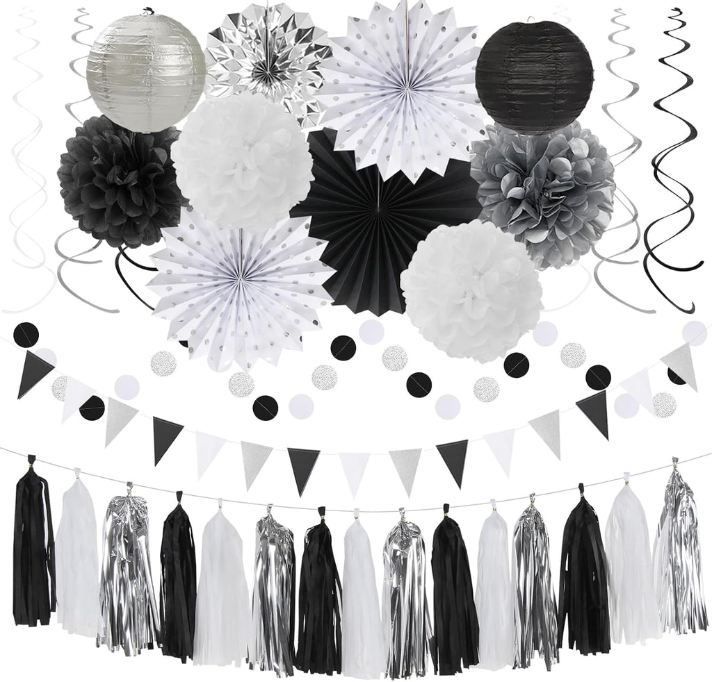 Black White-Silver Party-Decorations - 33Pcs Kits Banner,Graduation Streamer Tassel Garland,Tissue Pom Poms Honeycomb,Paper Lantern Fans,Birthday Wedding Baby Bridal Shower New Years Decor Hugtmr