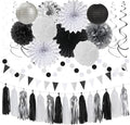 Black White-Silver Party-Decorations - 33Pcs Kits Banner,Graduation Streamer Tassel Garland,Tissue Pom Poms Honeycomb,Paper Lantern Fans,Birthday Wedding Baby Bridal Shower New Years Decor Hugtmr