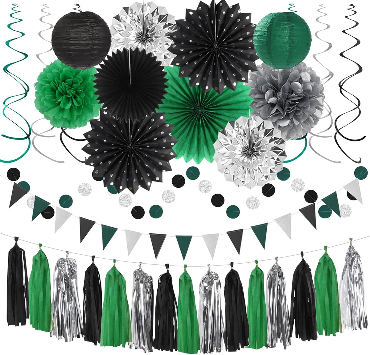 Black White-Silver Party-Decorations - 33Pcs Kits Banner,Graduation Streamer Tassel Garland,Tissue Pom Poms Honeycomb,Paper Lantern Fans,Birthday Wedding Baby Bridal Shower New Years Decor Hugtmr