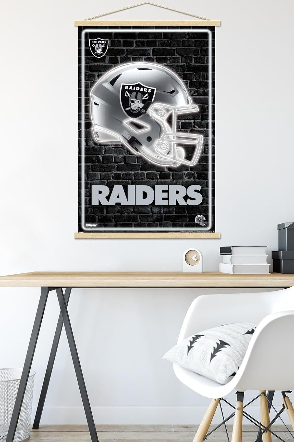 Trends International NFL Las Vegas Raiders - Neon Helmet 23 Wall Poster, 22.375" X 34", Premium Print and Beechwood Hanger Bundle