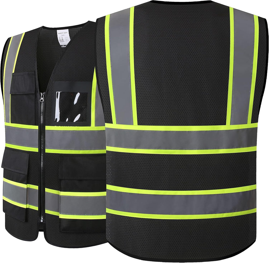 Reflective Safety Vest for Men Women High Visibility Vest with 8 Pockets and Front Zipper Mesh Reflective Vest (Black-07, X-Large)