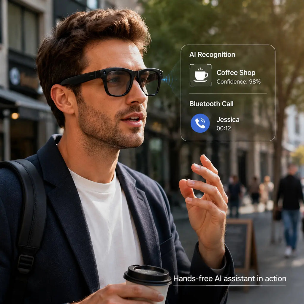 AI Smart Glasses with Camera - 800MP Imaging, 1080P HD Video, Touch Control & Voice Control, Bluetooth Wireless Audio Calls, Intelligent Recording, 27-Language Translation, Photochromic Lenses, Ideal for Meetings, Travel, Video Camera Glasses