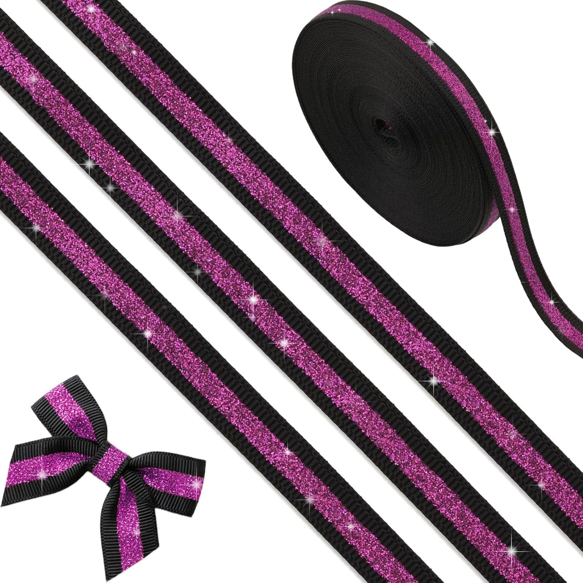 YKW Black Silver Glitter Ribbon 3/8 Inch X 10 Yards, No Shedding Grosgrain Sparkle Stripe, Cheer Bows Hair Accessories, Homecoming Mum Supplies, Team Spirit Gift Wrapping Party Decorations Craft