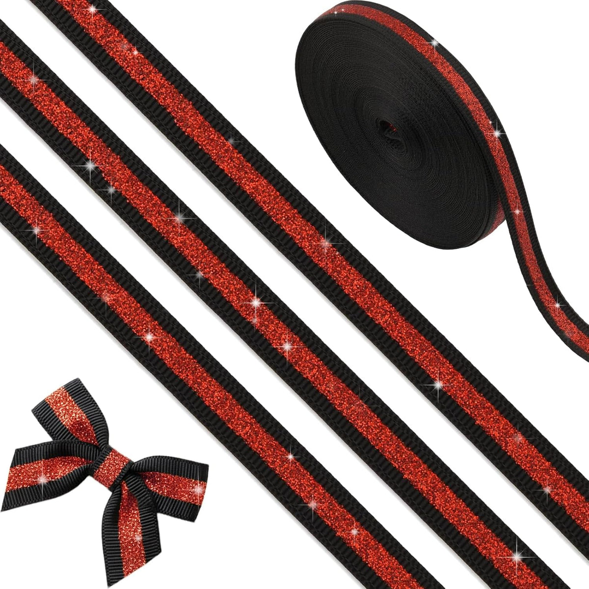 YKW Black Silver Glitter Ribbon 3/8 Inch X 10 Yards, No Shedding Grosgrain Sparkle Stripe, Cheer Bows Hair Accessories, Homecoming Mum Supplies, Team Spirit Gift Wrapping Party Decorations Craft