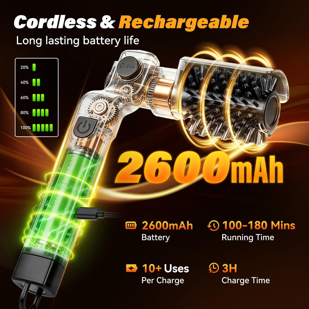 Electric Grill Brush for Outdoor Grill - Cordless Rechargeable Grill Cleaner with 180-Min Runtime, 3 Speeds, 545°F Heat Resistant, 180° Adjustable Angle, 2-In-1 Heavy-Duty BBQ Cleaning Kit