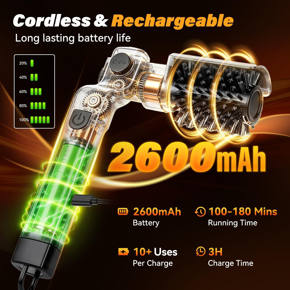 Electric Grill Brush for Outdoor Grill - Cordless Rechargeable Grill Cleaner with 180-Min Runtime, 3 Speeds, 545°F Heat Resistant, 180° Adjustable Angle, 2-In-1 Heavy-Duty BBQ Cleaning Kit