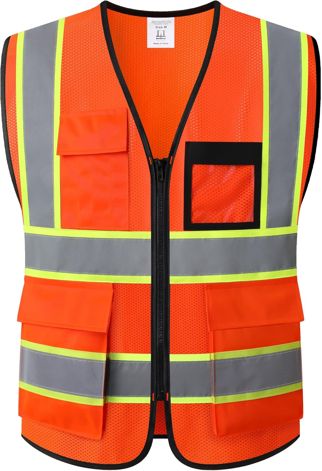 Reflective Safety Vest for Men Women High Visibility Vest with 8 Pockets and Front Zipper Mesh Reflective Vest (Black-07, X-Large)