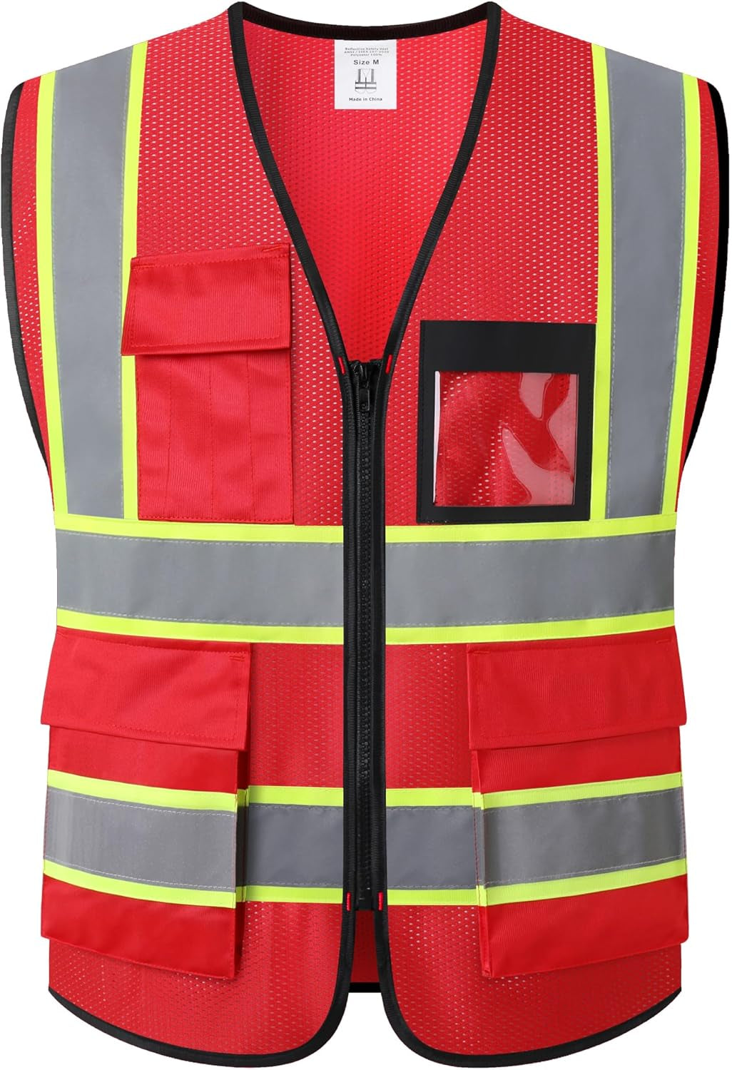 Reflective Safety Vest for Men Women High Visibility Vest with 8 Pockets and Front Zipper Mesh Reflective Vest (Black-07, X-Large)