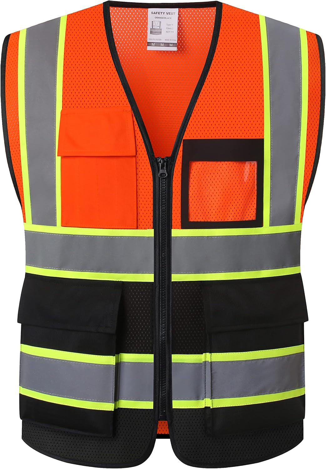 Reflective Safety Vest for Men Women High Visibility Vest with 8 Pockets and Front Zipper Mesh Reflective Vest (Black-07, X-Large)