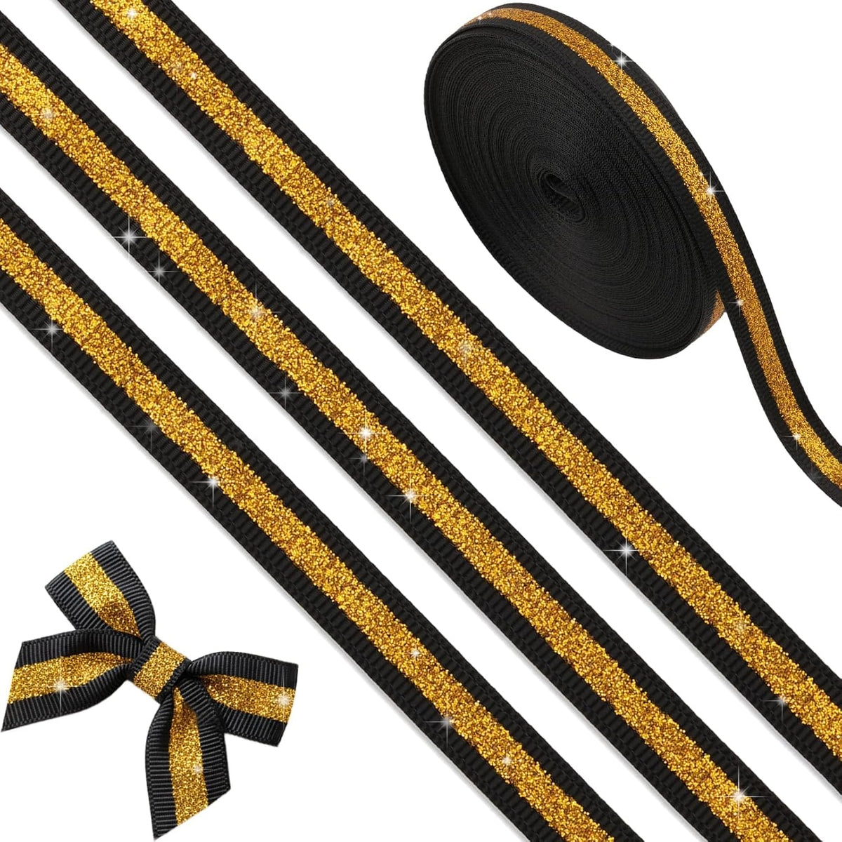 YKW Black Silver Glitter Ribbon 3/8 Inch X 10 Yards, No Shedding Grosgrain Sparkle Stripe, Cheer Bows Hair Accessories, Homecoming Mum Supplies, Team Spirit Gift Wrapping Party Decorations Craft