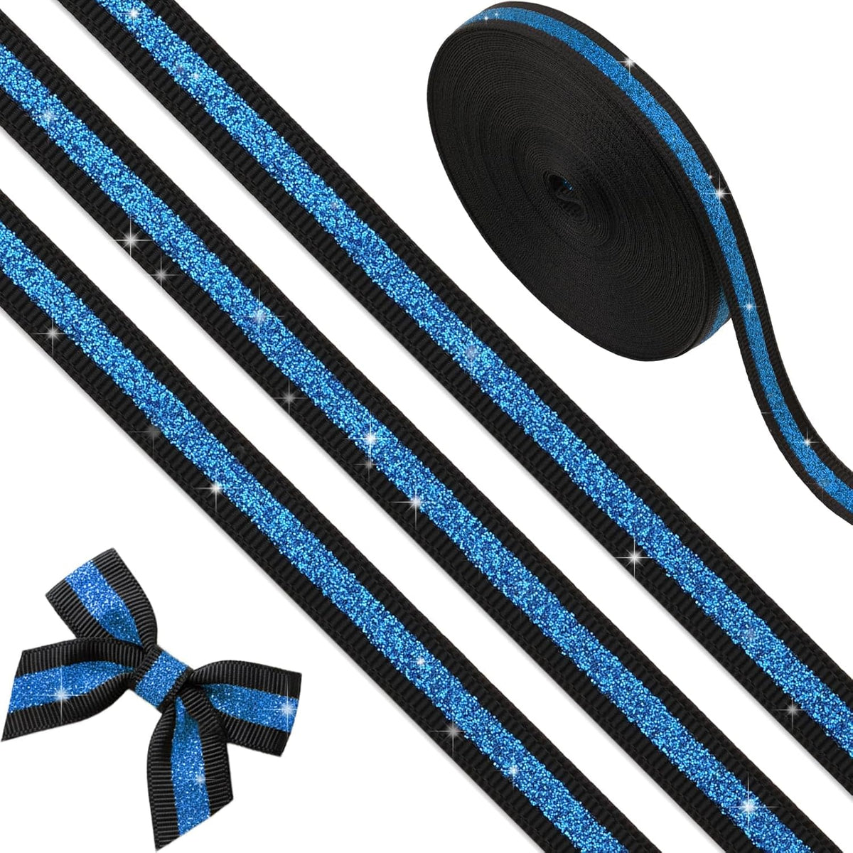 YKW Black Silver Glitter Ribbon 3/8 Inch X 10 Yards, No Shedding Grosgrain Sparkle Stripe, Cheer Bows Hair Accessories, Homecoming Mum Supplies, Team Spirit Gift Wrapping Party Decorations Craft