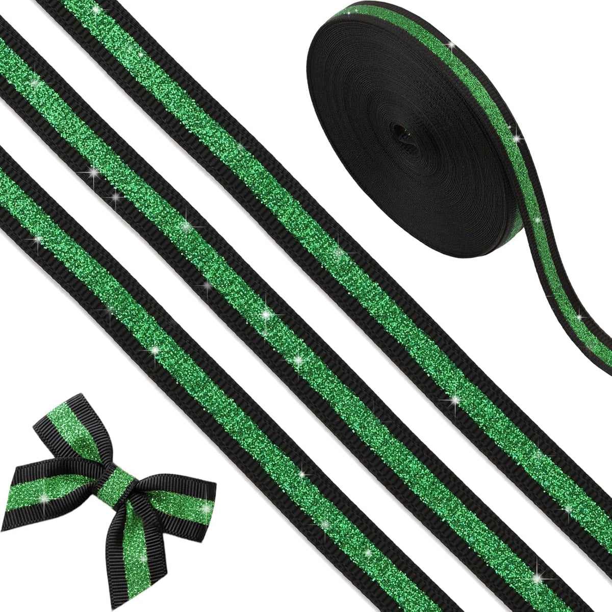 YKW Black Silver Glitter Ribbon 3/8 Inch X 10 Yards, No Shedding Grosgrain Sparkle Stripe, Cheer Bows Hair Accessories, Homecoming Mum Supplies, Team Spirit Gift Wrapping Party Decorations Craft