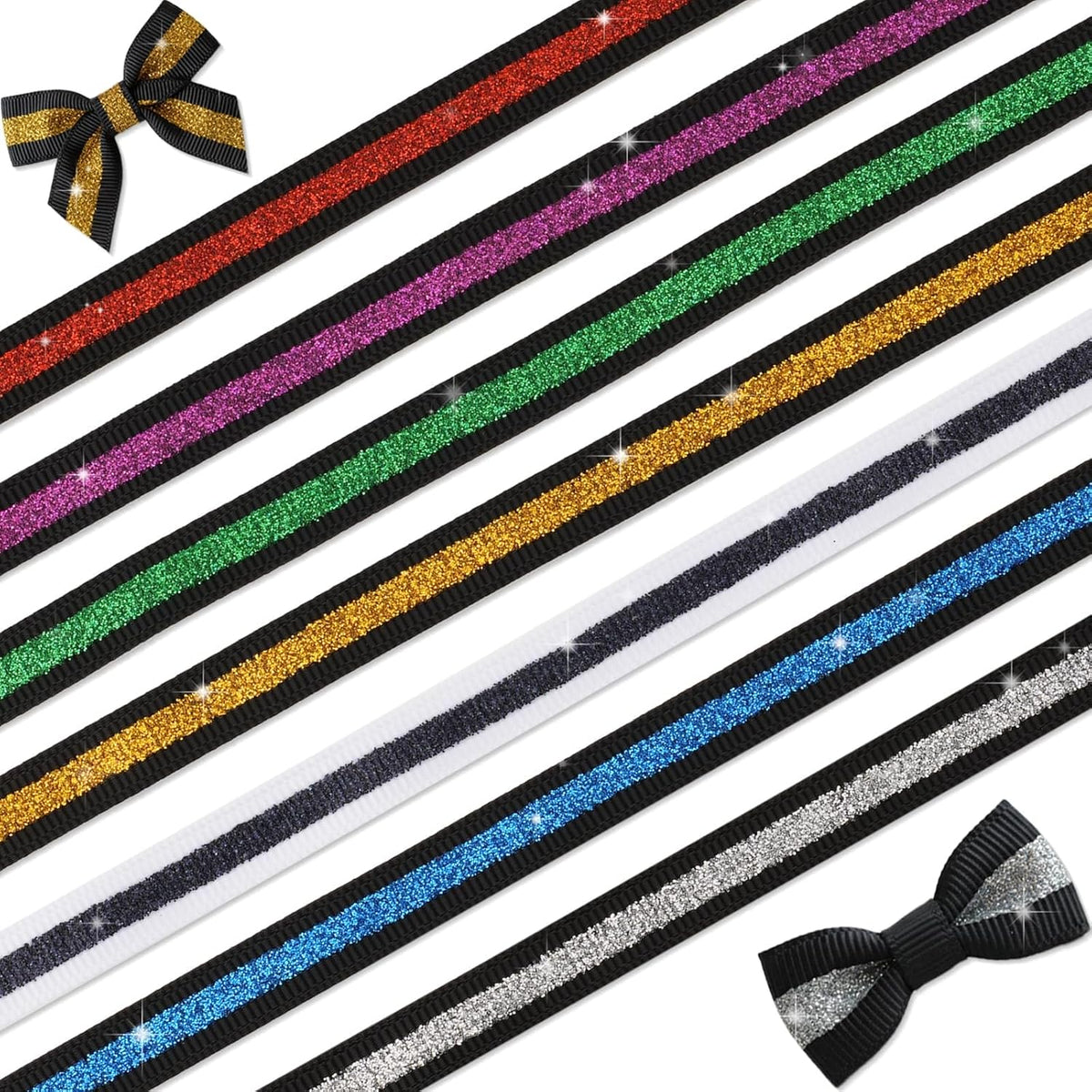 YKW Black Silver Glitter Ribbon 3/8 Inch X 10 Yards, No Shedding Grosgrain Sparkle Stripe, Cheer Bows Hair Accessories, Homecoming Mum Supplies, Team Spirit Gift Wrapping Party Decorations Craft