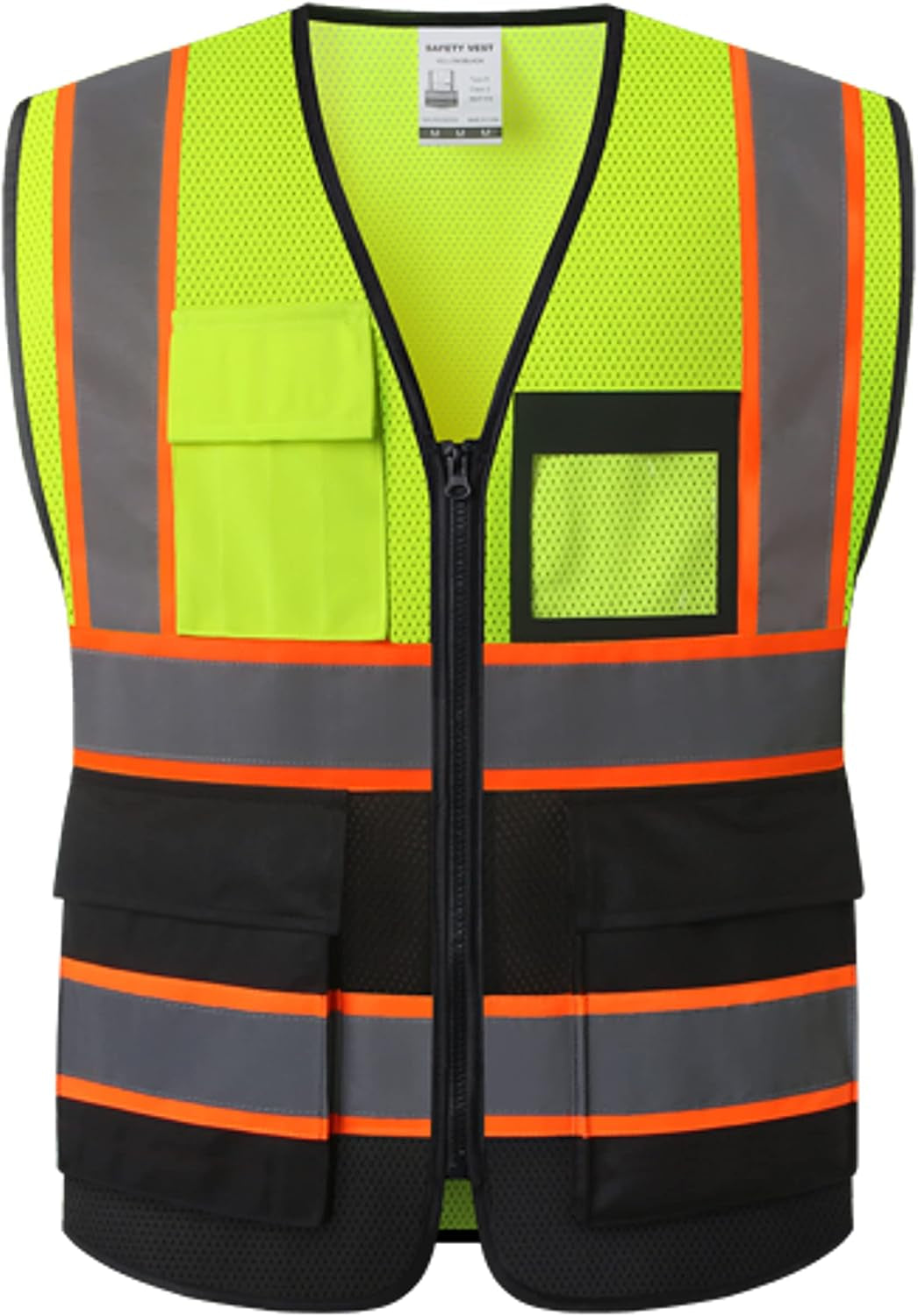 Reflective Safety Vest for Men Women High Visibility Vest with 8 Pockets and Front Zipper Mesh Reflective Vest (Black-07, X-Large)