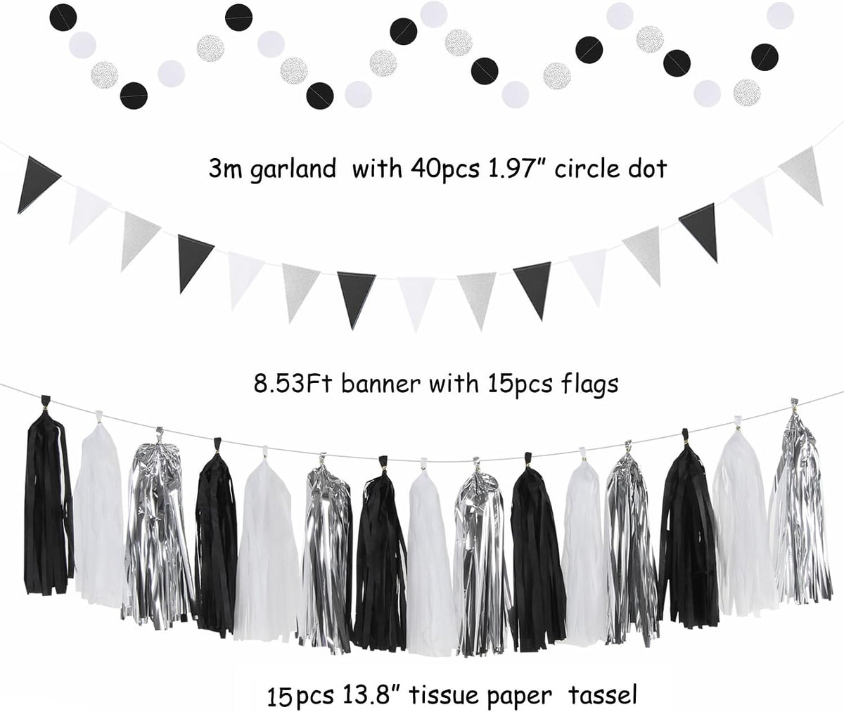 Black White-Silver Party-Decorations - 33Pcs Kits Banner,Graduation Streamer Tassel Garland,Tissue Pom Poms Honeycomb,Paper Lantern Fans,Birthday Wedding Baby Bridal Shower New Years Decor Hugtmr