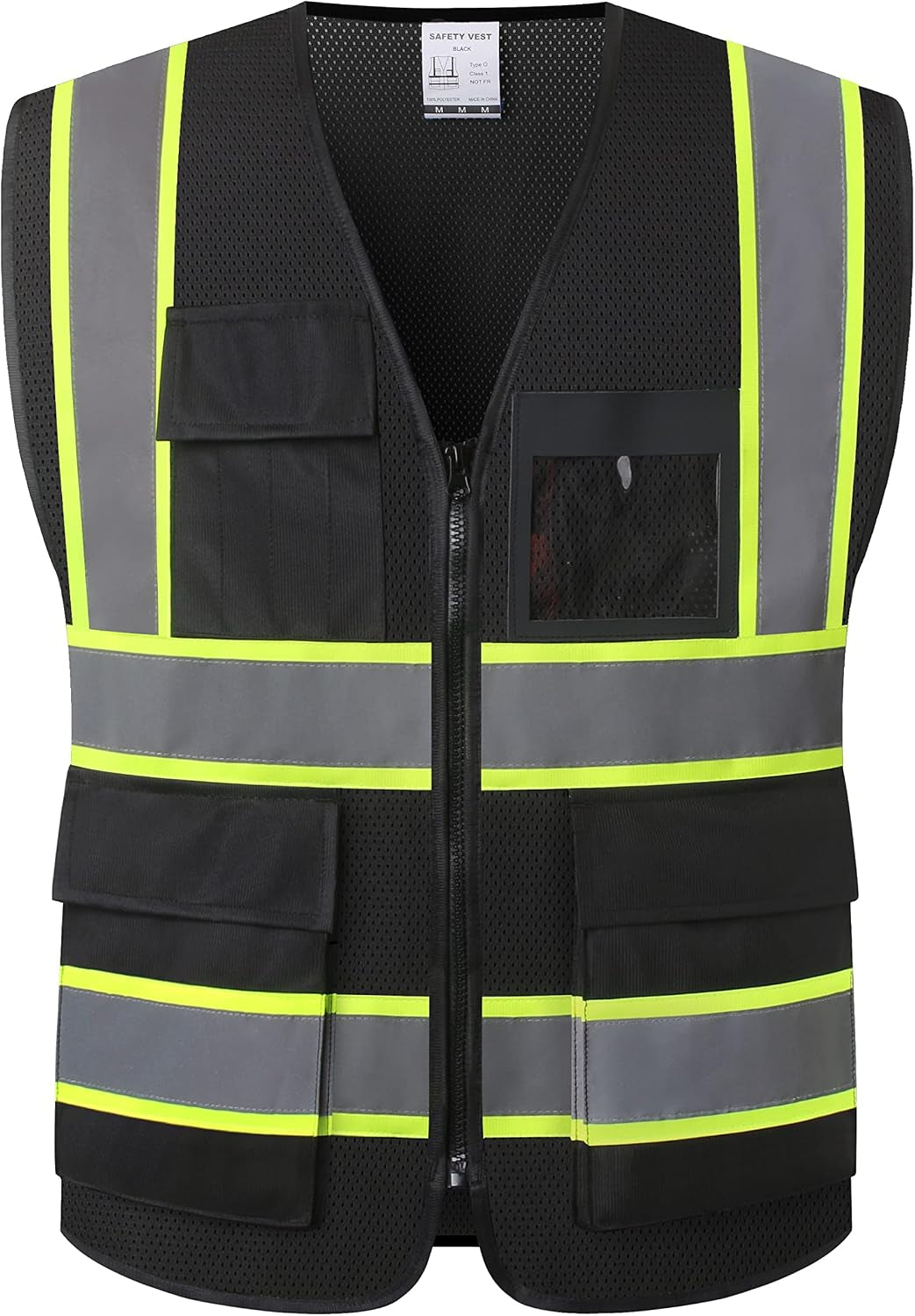 Reflective Safety Vest for Men Women High Visibility Vest with 8 Pockets and Front Zipper Mesh Reflective Vest (Black-07, X-Large)