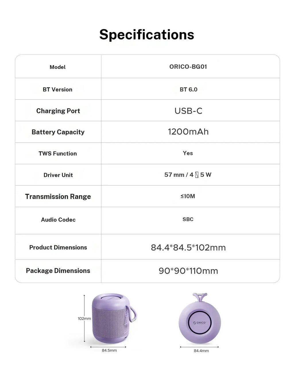 ORICO Portable Bluetooth Speaker, 27H Playtime, Bluetooth 6.0 Audio Device with Built in USB C, TWS Pairing, IPX5 Waterproof, Hifi Sound, Wireless BT Speaker for Smartphones/Tablets, Home Outdoor Use BG01, Backtoschool