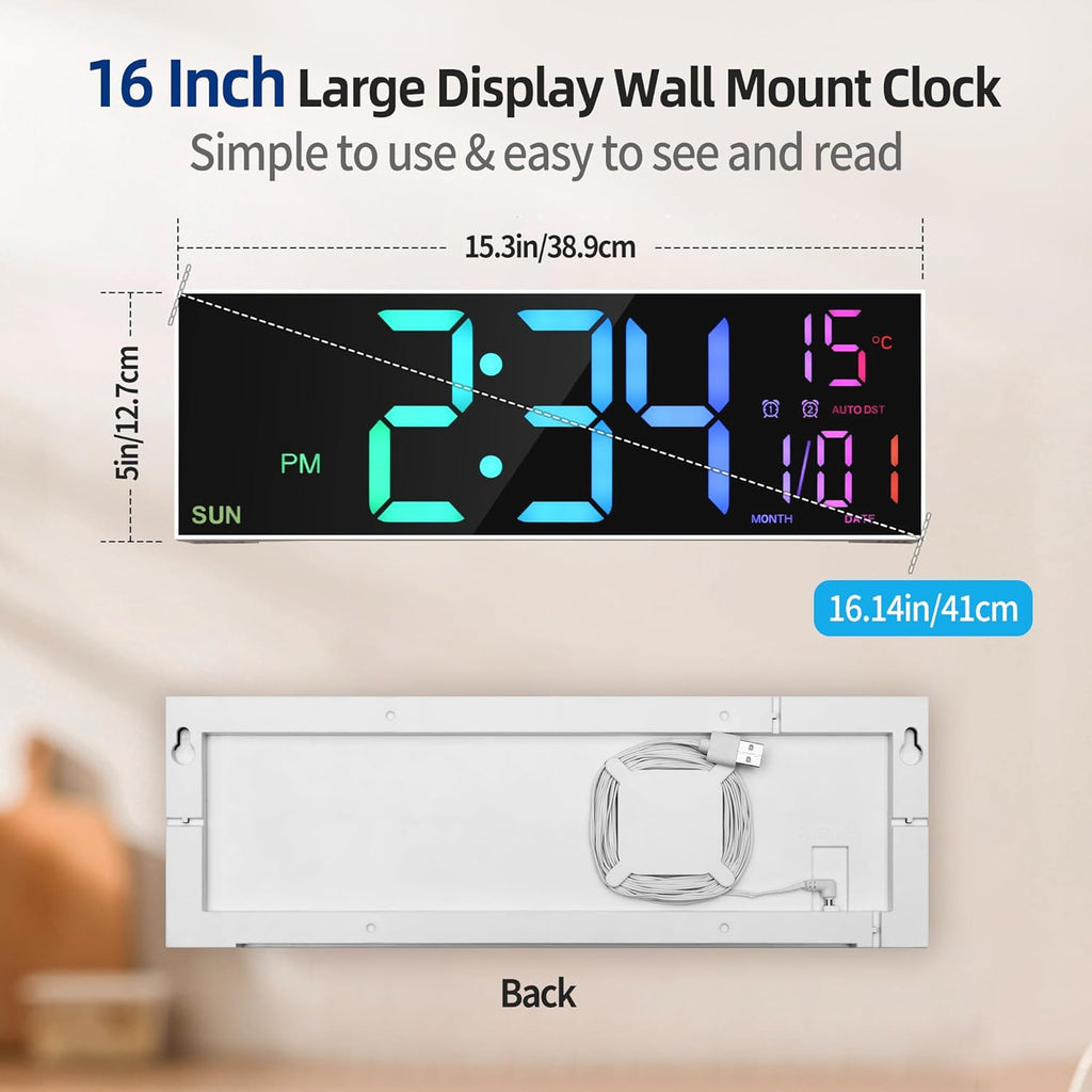 16.2" Digital Wall Clock – RGB, Remote, Dual Alarm, Auto-Brightness