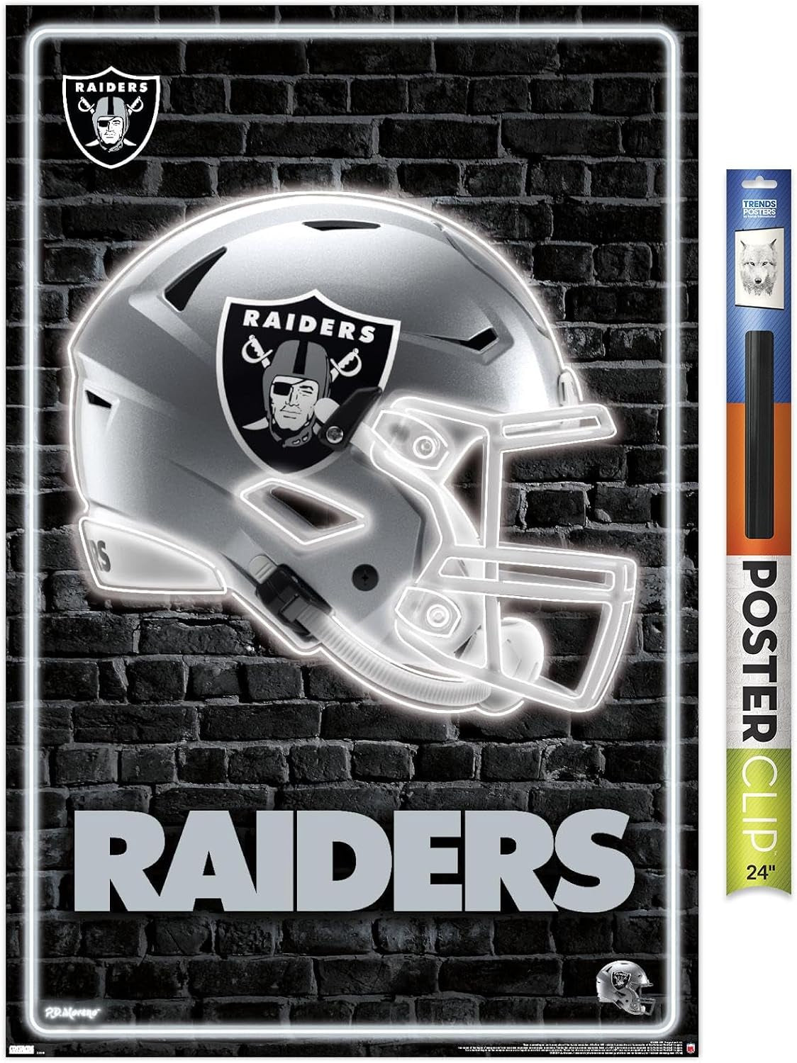 Trends International NFL Las Vegas Raiders - Neon Helmet 23 Wall Poster, 22.375" X 34", Premium Print and Beechwood Hanger Bundle