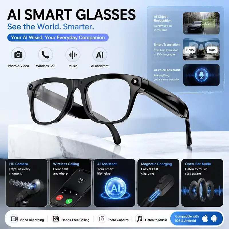 AI Smart Glasses with Camera - 800MP Imaging, 1080P HD Video, Touch Control & Voice Control, Bluetooth Wireless Audio Calls, Intelligent Recording, 27-Language Translation, Photochromic Lenses, Ideal for Meetings, Travel, Video Camera Glasses