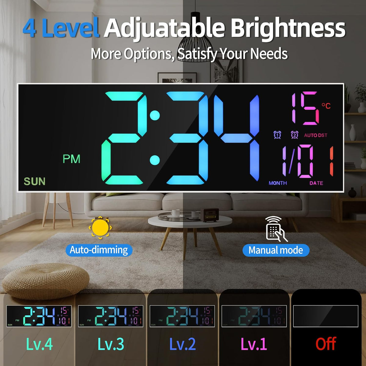 16.2" Digital Wall Clock – RGB, Remote, Dual Alarm, Auto-Brightness