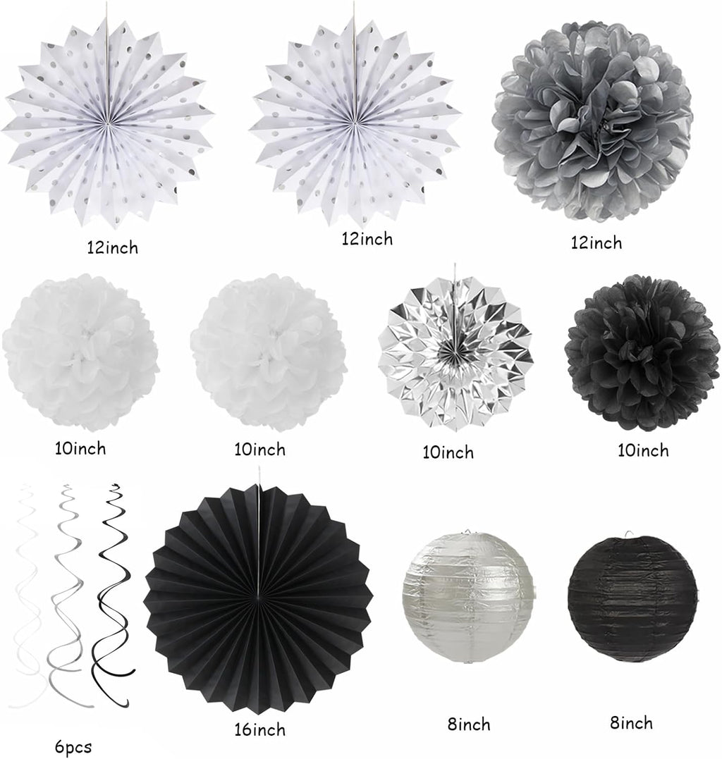 Black White-Silver Party-Decorations - 33Pcs Kits Banner,Graduation Streamer Tassel Garland,Tissue Pom Poms Honeycomb,Paper Lantern Fans,Birthday Wedding Baby Bridal Shower New Years Decor Hugtmr
