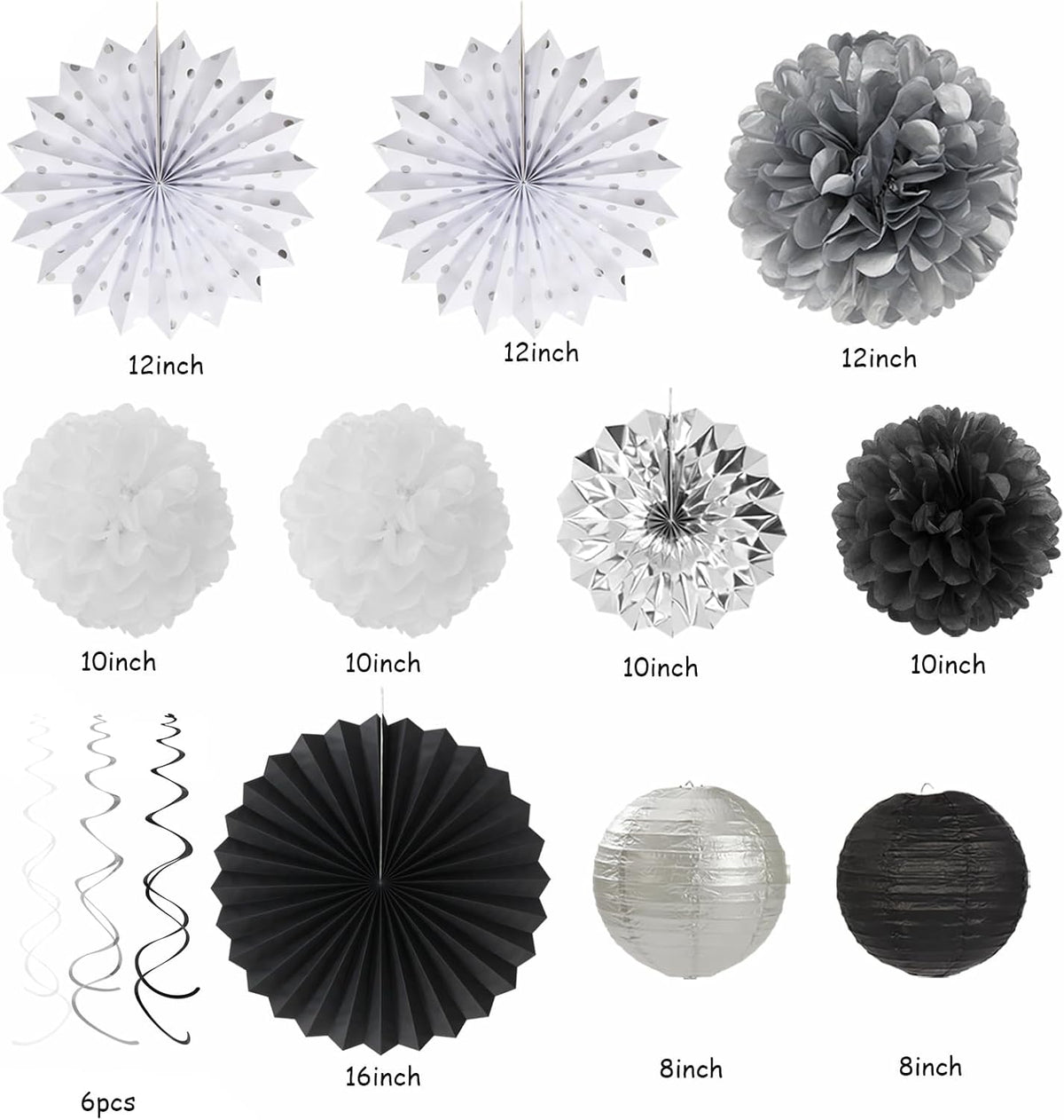 Black White-Silver Party-Decorations - 33Pcs Kits Banner,Graduation Streamer Tassel Garland,Tissue Pom Poms Honeycomb,Paper Lantern Fans,Birthday Wedding Baby Bridal Shower New Years Decor Hugtmr