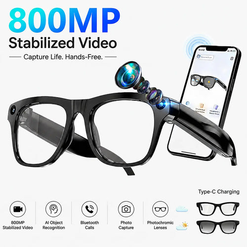 AI Smart Glasses with Camera - 800MP Imaging, 1080P HD Video, Touch Control & Voice Control, Bluetooth Wireless Audio Calls, Intelligent Recording, 27-Language Translation, Photochromic Lenses, Ideal for Meetings, Travel, Video Camera Glasses