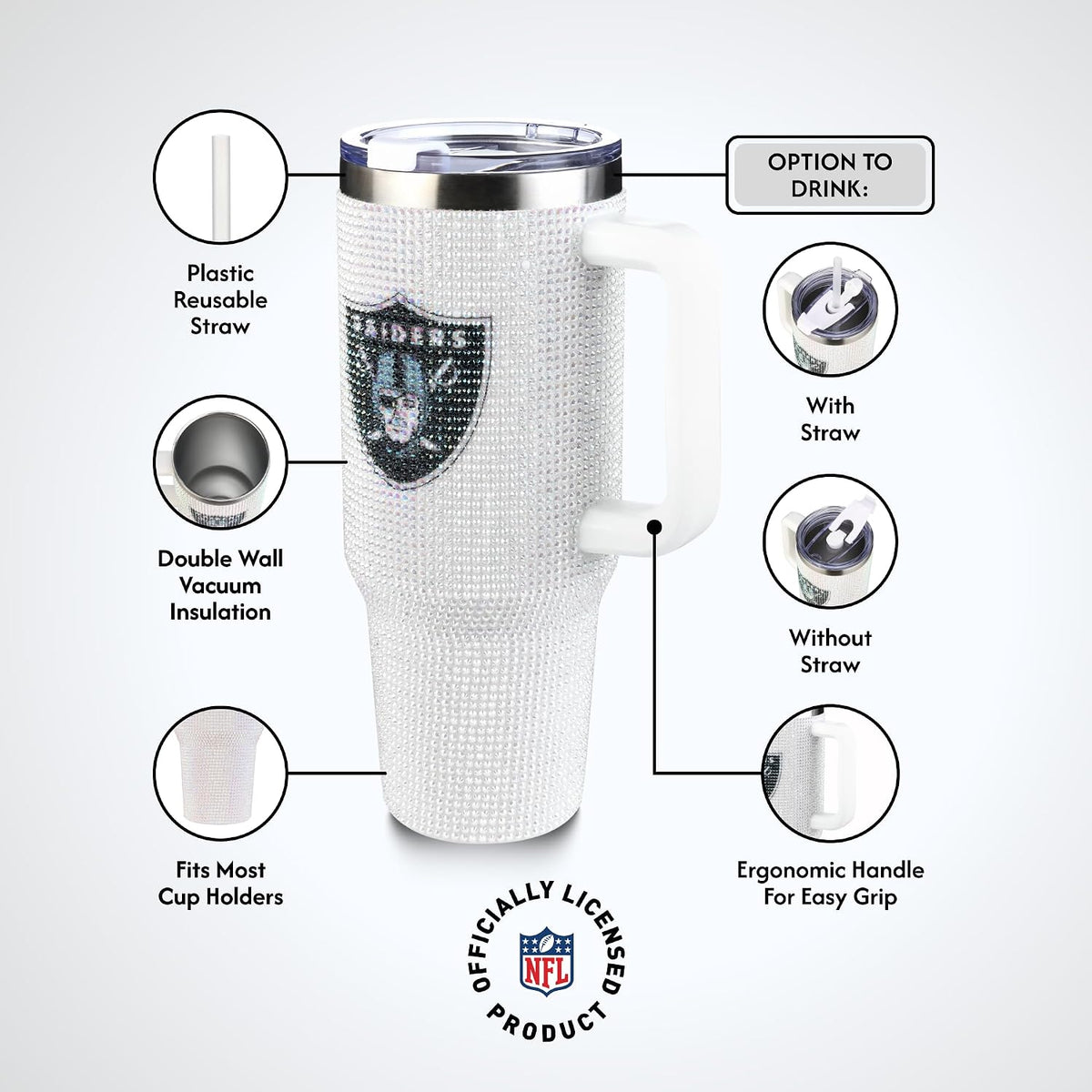 The Memory Company Officially Licensed 40Oz White Bling Game Day Tumbler, Las Vegas Raiders