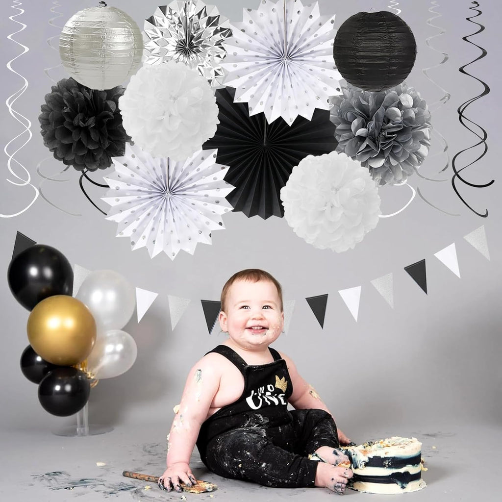 Black White-Silver Party-Decorations - 33Pcs Kits Banner,Graduation Streamer Tassel Garland,Tissue Pom Poms Honeycomb,Paper Lantern Fans,Birthday Wedding Baby Bridal Shower New Years Decor Hugtmr