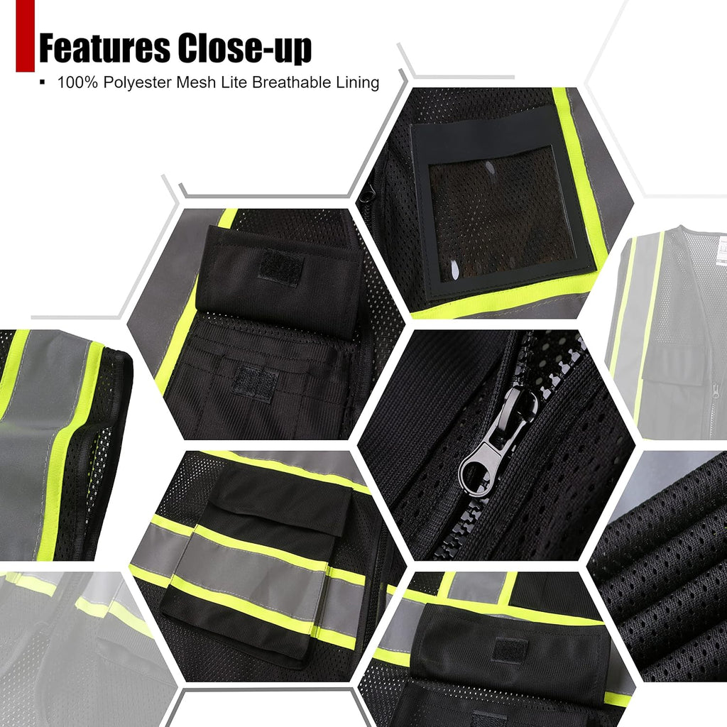 Reflective Safety Vest for Men Women High Visibility Vest with 8 Pockets and Front Zipper Mesh Reflective Vest (Black-07, X-Large)