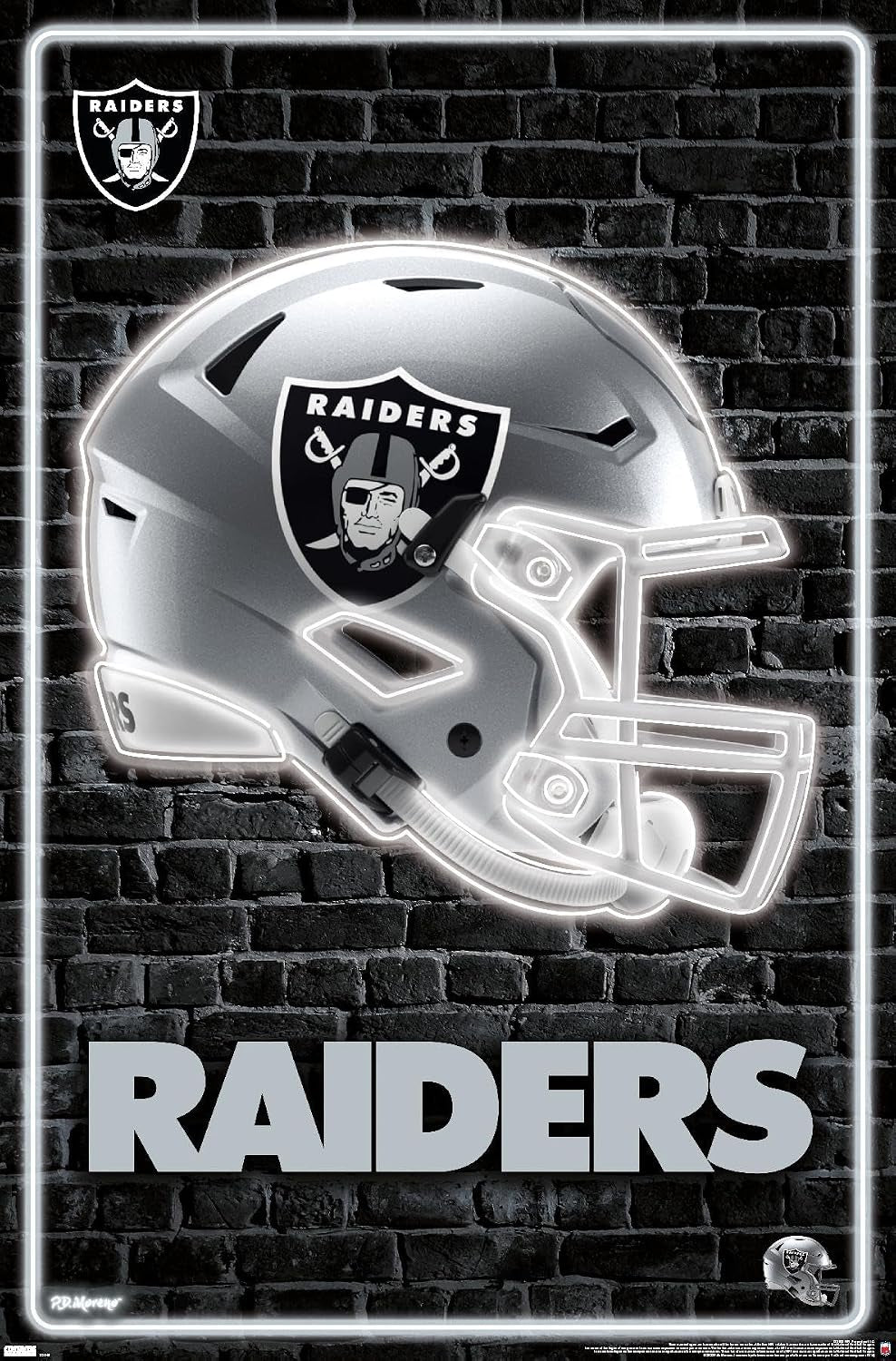 Trends International NFL Las Vegas Raiders - Neon Helmet 23 Wall Poster, 22.375" X 34", Premium Print and Beechwood Hanger Bundle
