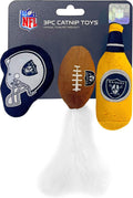 BEST PLUSH CAT TOY - NFL LAS VEGAS RAIDERS Complete Set of 3 Piece Cat Toys Filled with Fresh Catnip. Includes: 1 Helmet Cat Toy, 1 Football Cat Toy with Feathers & 1 Beer Bottle. Beautiful Team LOGOS
