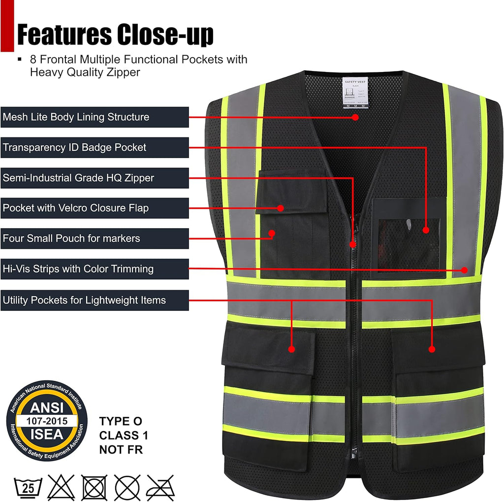 Reflective Safety Vest for Men Women High Visibility Vest with 8 Pockets and Front Zipper Mesh Reflective Vest (Black-07, X-Large)