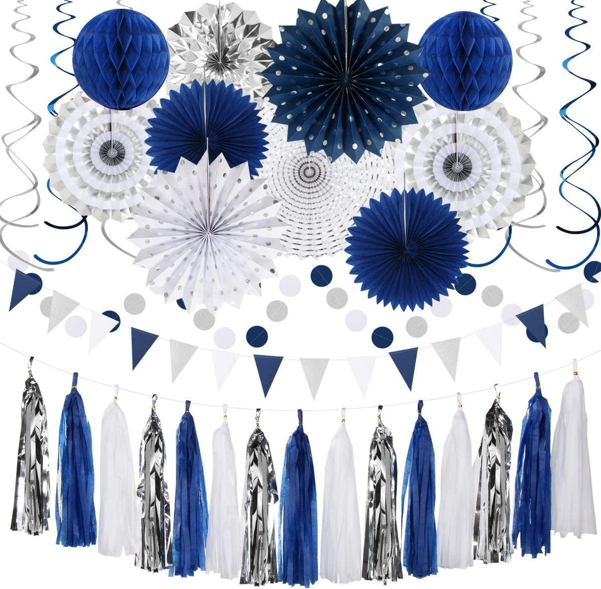 Black White-Silver Party-Decorations - 33Pcs Kits Banner,Graduation Streamer Tassel Garland,Tissue Pom Poms Honeycomb,Paper Lantern Fans,Birthday Wedding Baby Bridal Shower New Years Decor Hugtmr