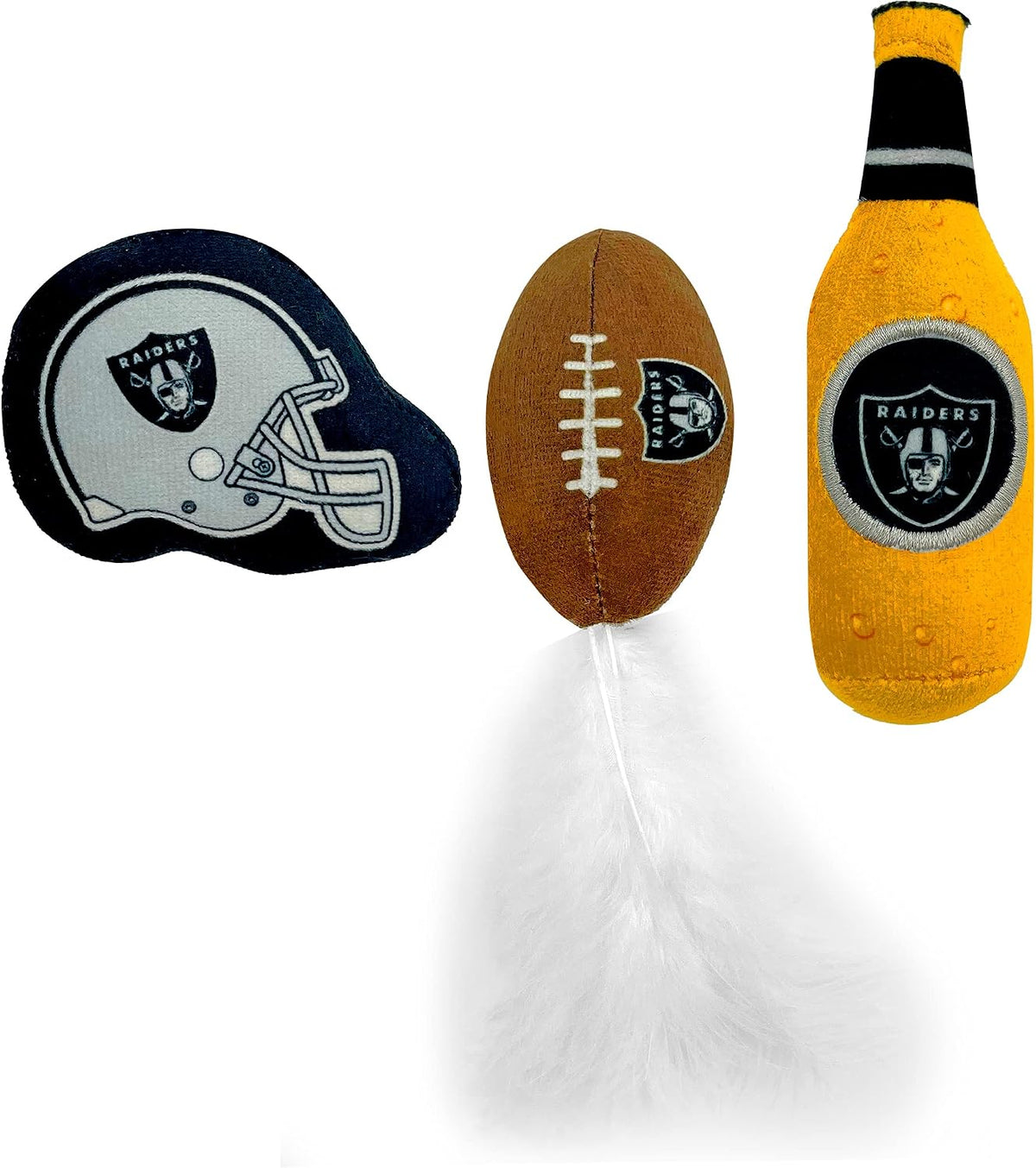 BEST PLUSH CAT TOY - NFL LAS VEGAS RAIDERS Complete Set of 3 Piece Cat Toys Filled with Fresh Catnip. Includes: 1 Helmet Cat Toy, 1 Football Cat Toy with Feathers & 1 Beer Bottle. Beautiful Team LOGOS