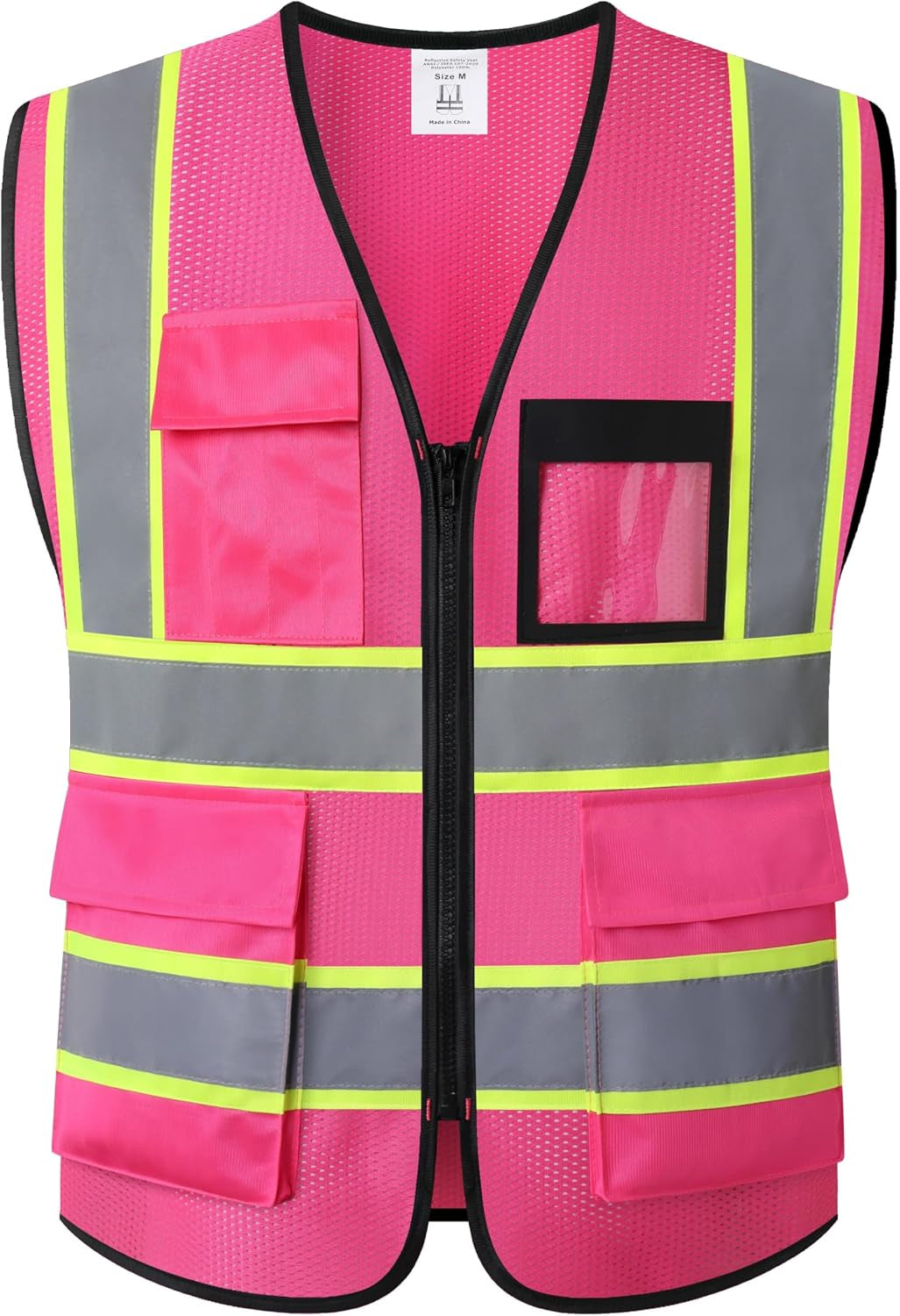 Reflective Safety Vest for Men Women High Visibility Vest with 8 Pockets and Front Zipper Mesh Reflective Vest (Black-07, X-Large)